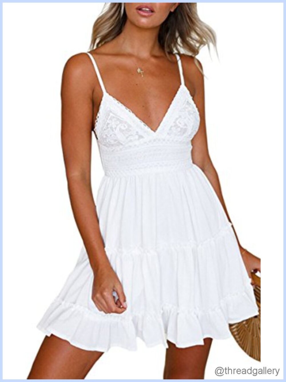 Women V-Neck Spaghetti Strap Bowknot Backless Lace Mini Swing Skater Dress
